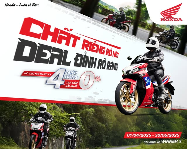 ✌ CHẤT RIÊNG RÕ NÉT – DEAL ĐỈNH RÕ RÀNG Chốt đơn Winner X – Ưu đãi cực chill, chẳng ngại tài chính! Sở hữu động cơ DOHC 150cc, Winner X mang lại khả năng vận hành vượt trội – dễ dàng chinh phục mọi nẻo đường. Thiết kế góc cạnh, đậm chất thể thao giúp Winner X nổi bật ngay từ cái nhìn đầu tiên. Không chỉ là phương tiện di chuyển, đây còn là cách bạn thể hiện bản lĩnh trong từng chuyển động. Nếu bạn đang tìm một mẫu xe tay côn vừa mạnh mẽ, vừa khác biệt thì Winner X chính là câu trả lời! 🎁 Đặc biệt từ nay đến 30.6.2025, khi mua Winner X tại các Cửa Hàng Bán Xe Máy và Dịch Vụ Do Honda Ủy Nhiệm (HEAD) trên toàn quốc sẽ được lựa chọn 1 trong 2 quà tặng giá trị: ✔️ Hỗ trợ lệ phí đăng ký xe trị giá 4.000.000 VNĐ. Hoặc ✔️ Hỗ trợ trả góp với lãi suất 0%.